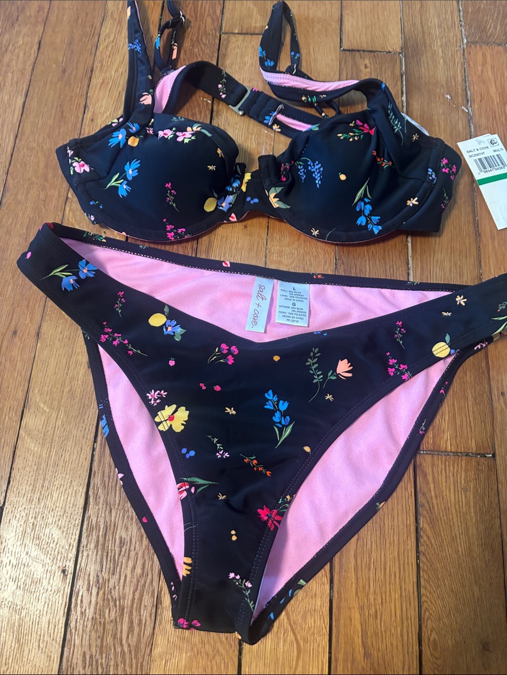 Salt and cove womens Black Floral Bikini with Pink Lining NWT